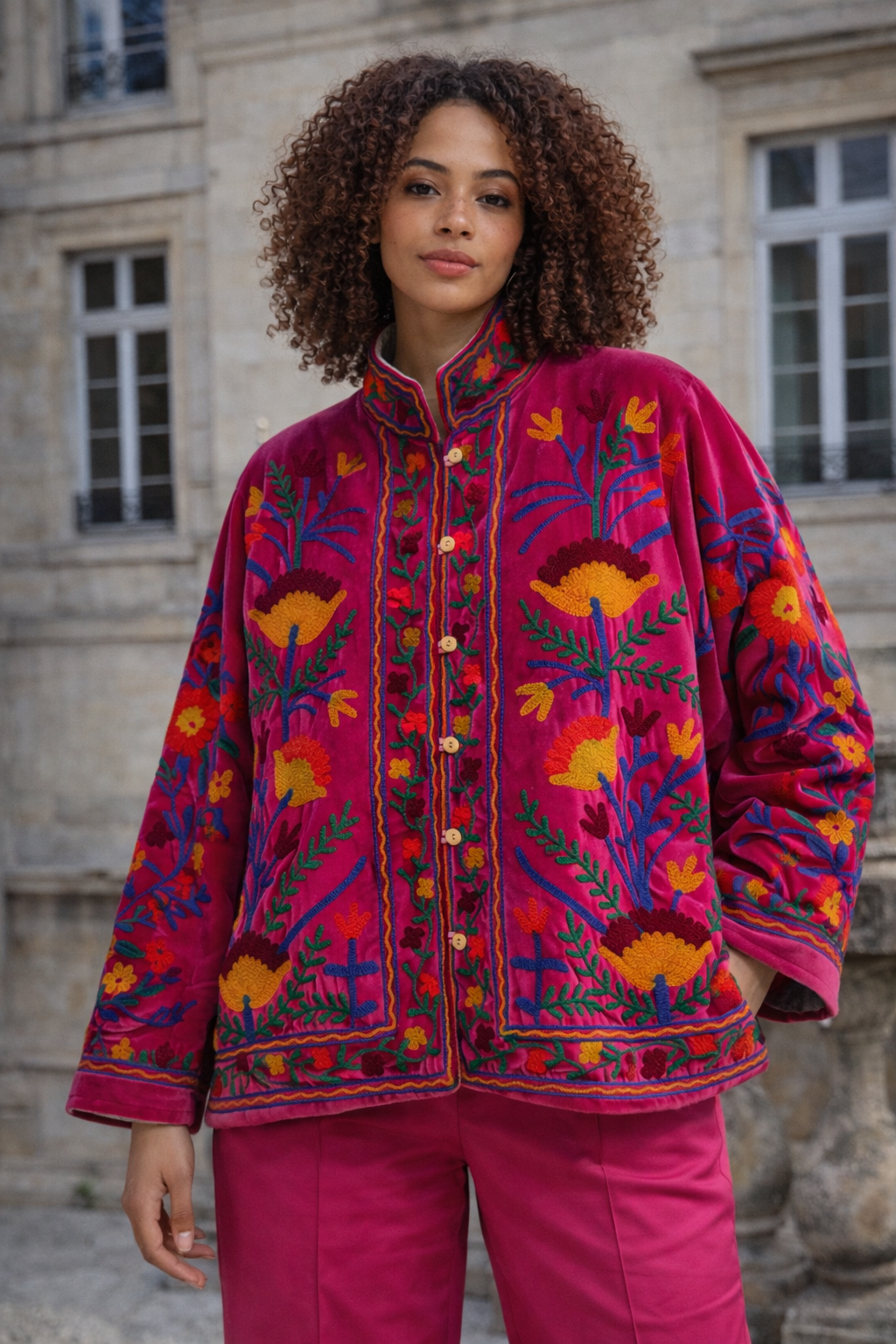 Embroidered Velvet Sherpa Jacket - Aimee