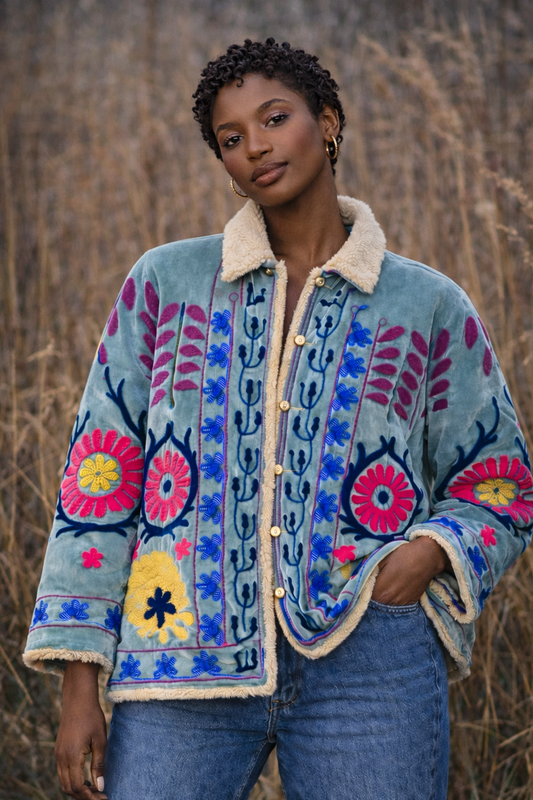 Embroidered Velvet Sherpa Jacket – Nye