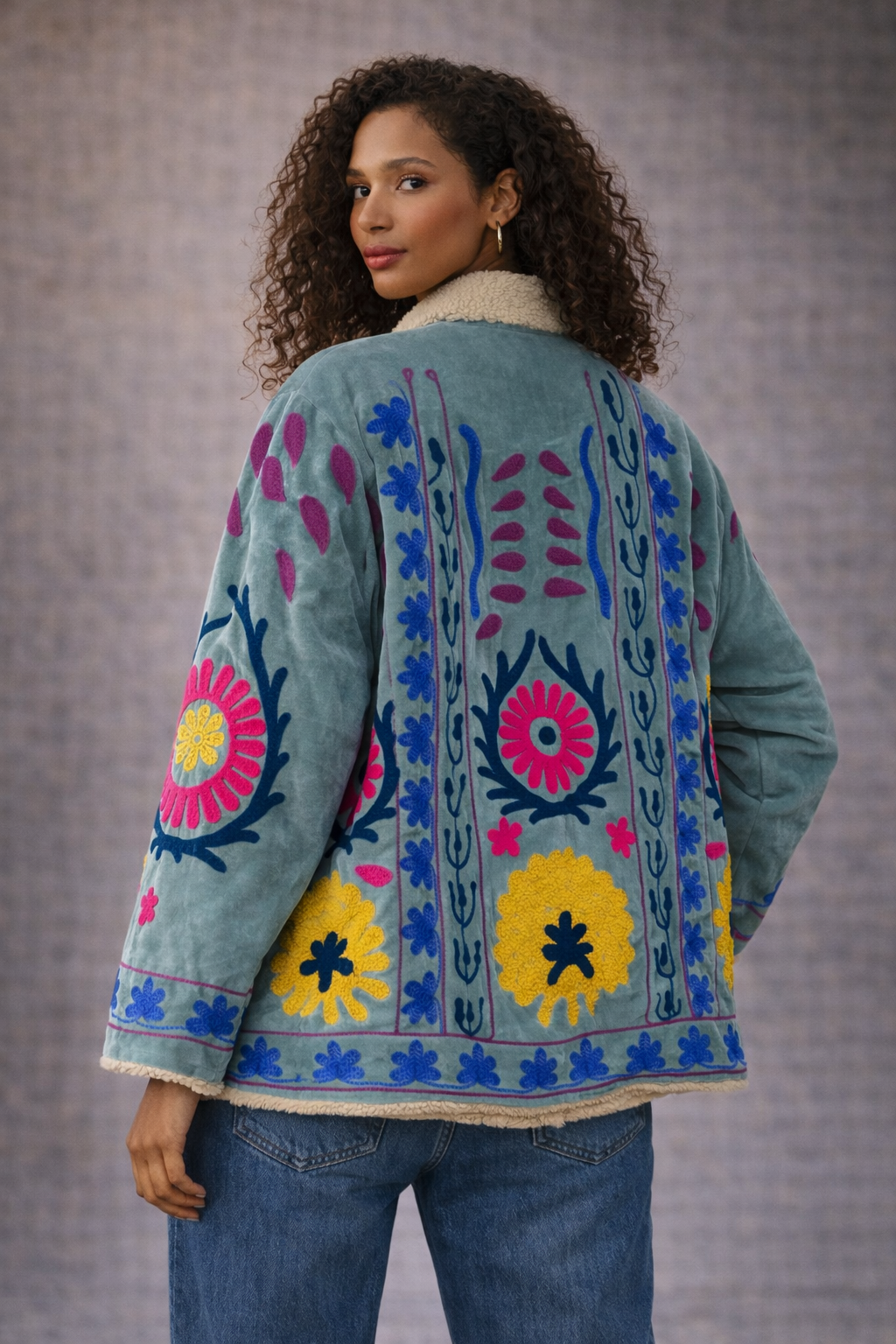 Embroidered Velvet Sherpa Jacket – Nye