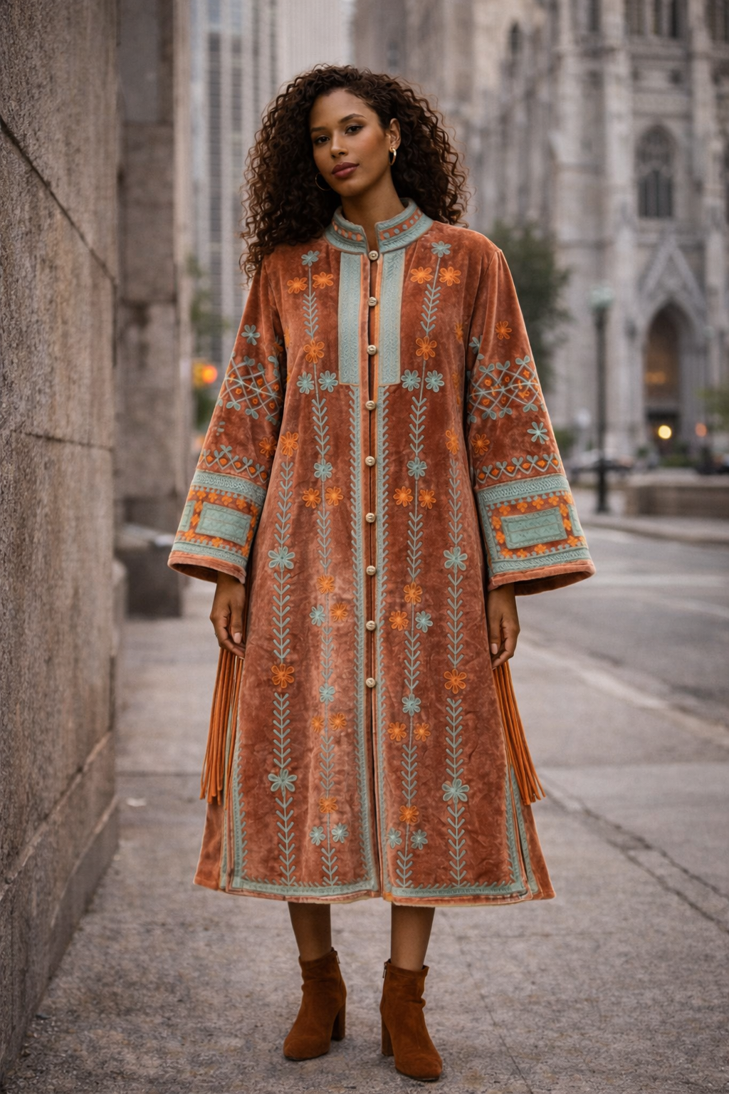 Embroidered  Velvet Sherpa Coat - Anne