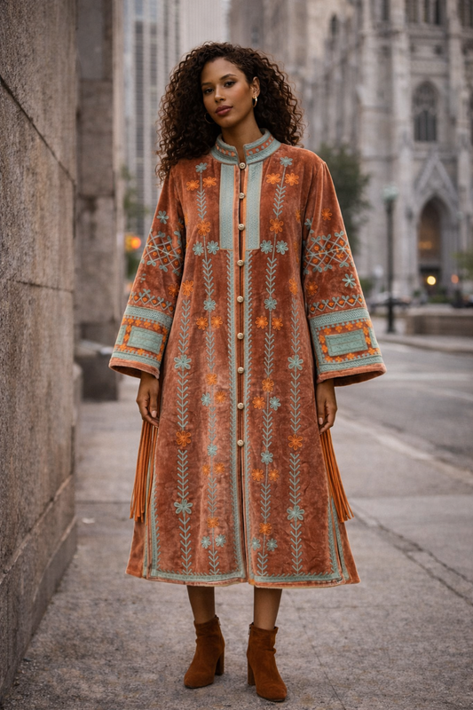 Embroidered  Velvet Sherpa Coat - Anne