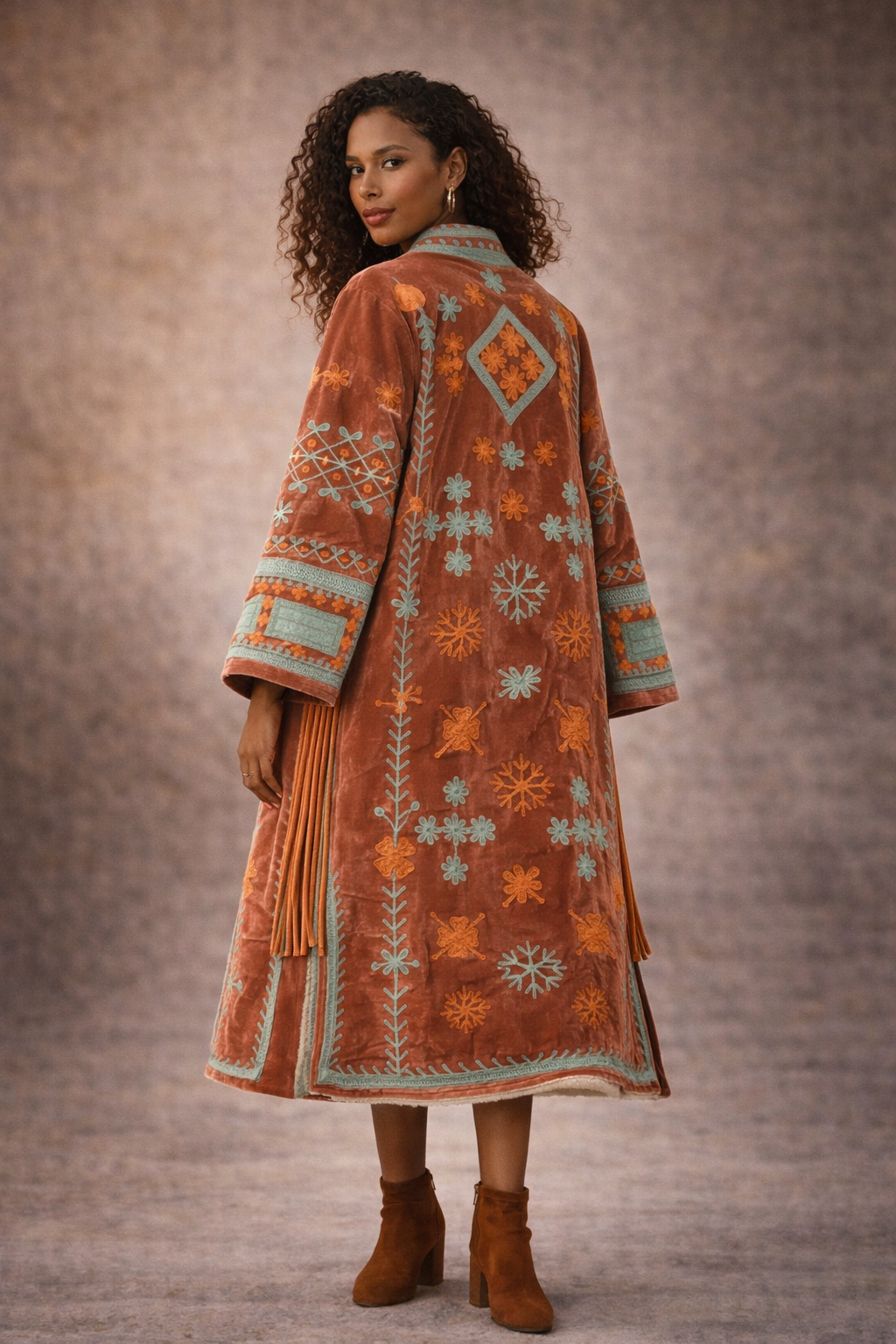 Embroidered  Velvet Sherpa Coat - Anne