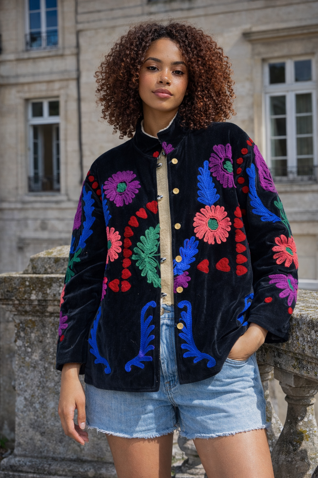 Embroidered Velvet Sherpa Jacket- Seph