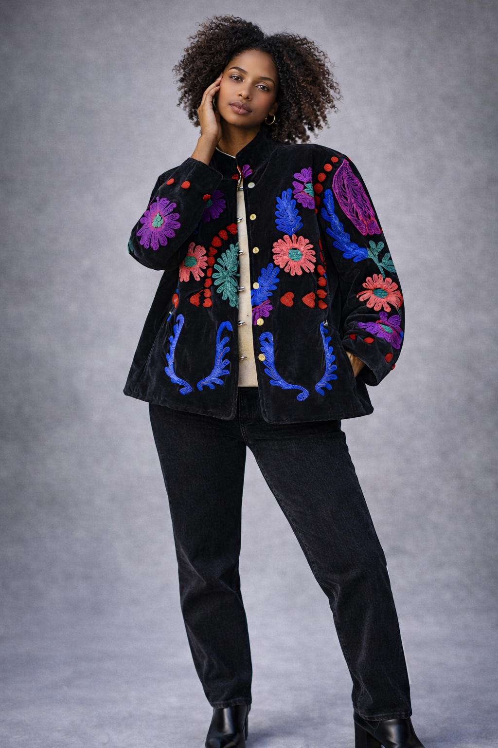 Embroidered Velvet Sherpa Jacket- Seph