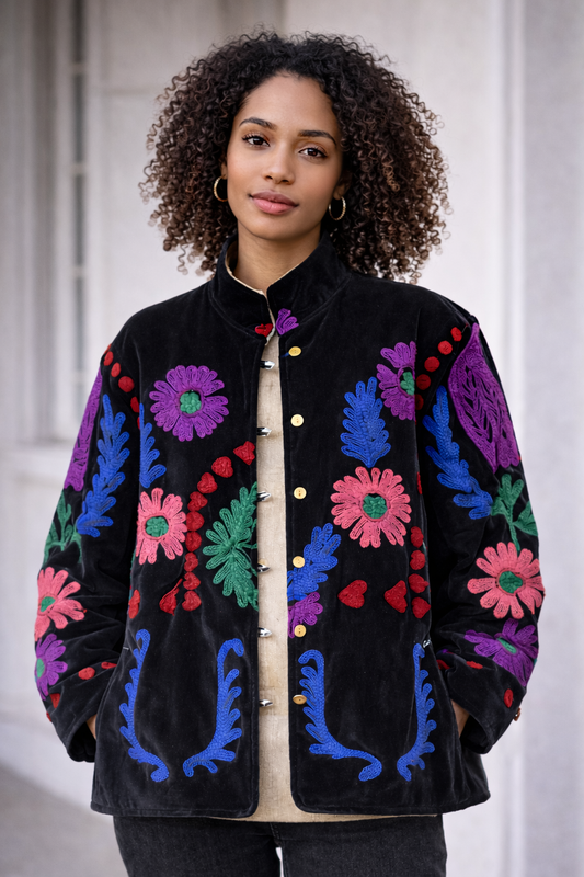 Embroidered Velvet Sherpa Jacket- Seph