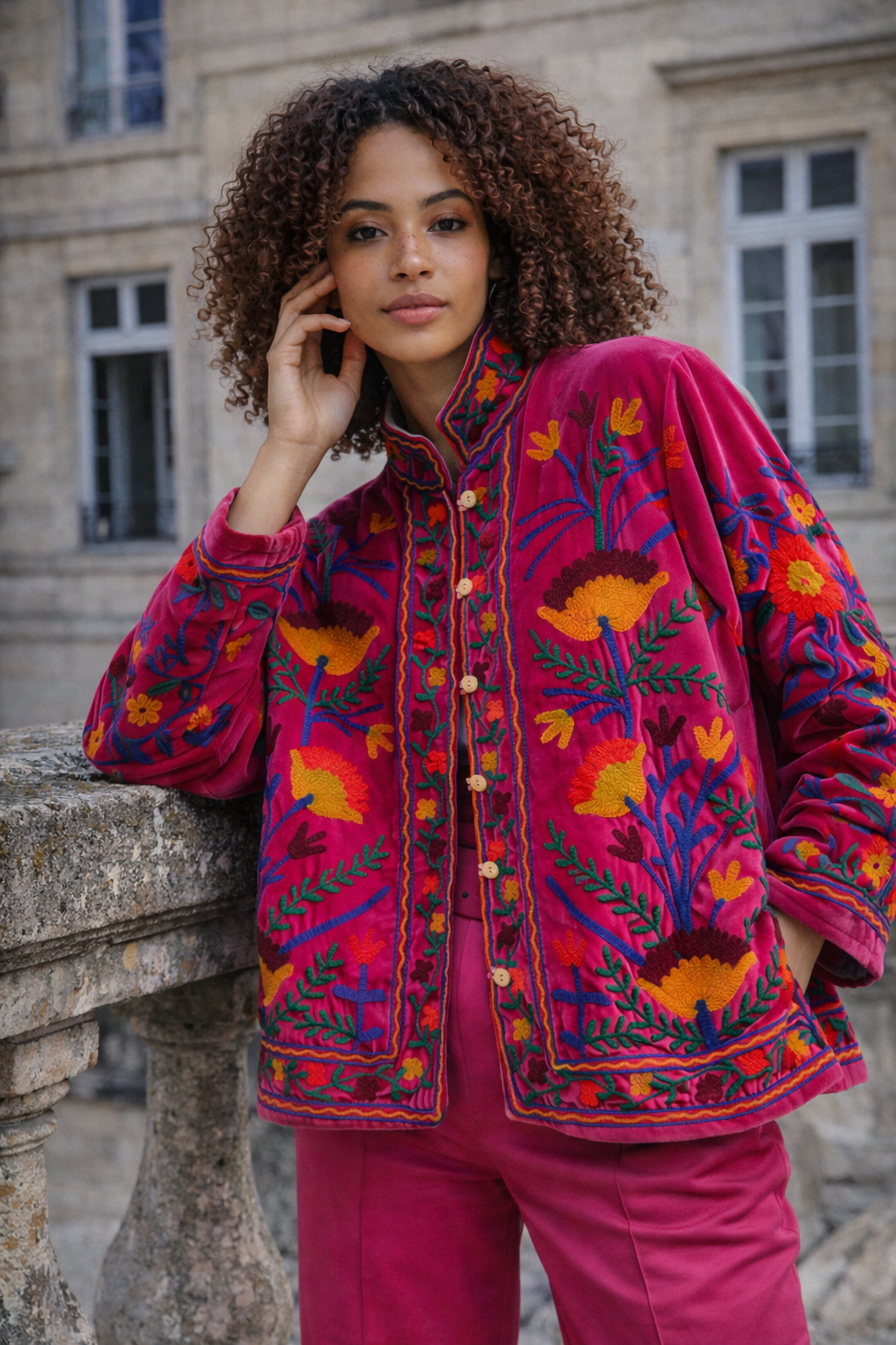 Embroidered Velvet Sherpa Jacket - Aimee