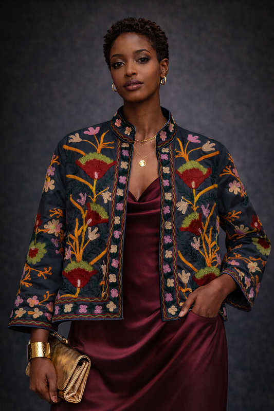 Embroidered Cotton Denim Jacket - Noire