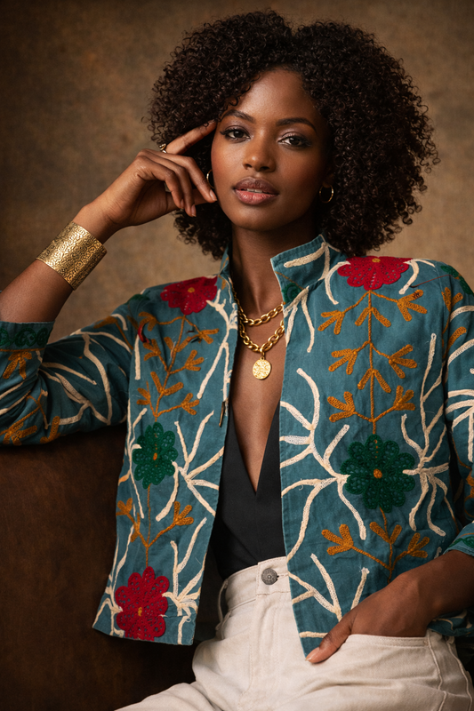 Embroidered Denim Jacket Teal - Asia