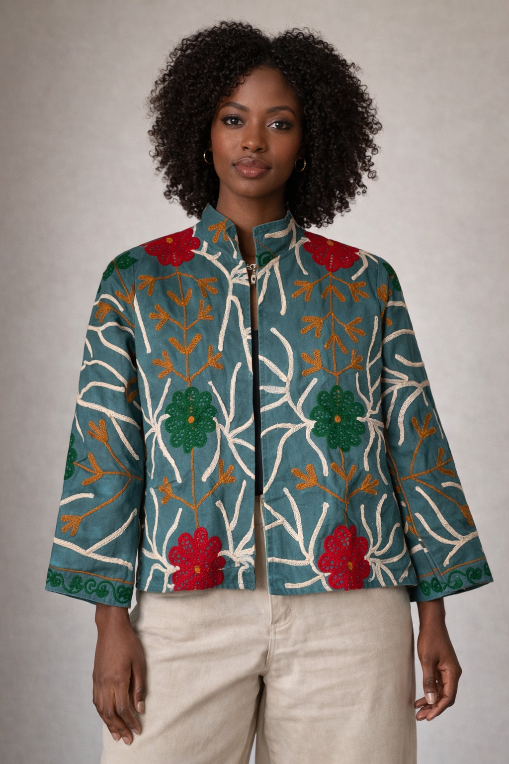Embroidered Denim Jacket Teal - Asia