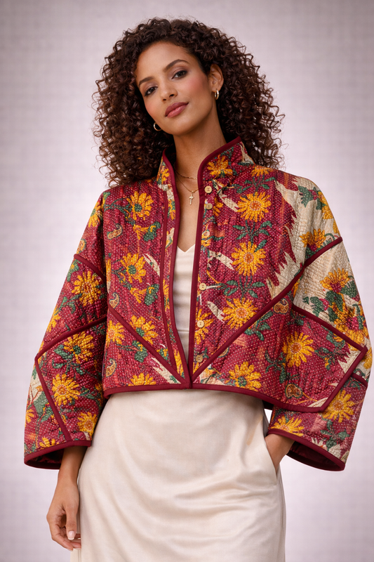 Cropped Quilted Patchwork Kantha Jacket - Lima