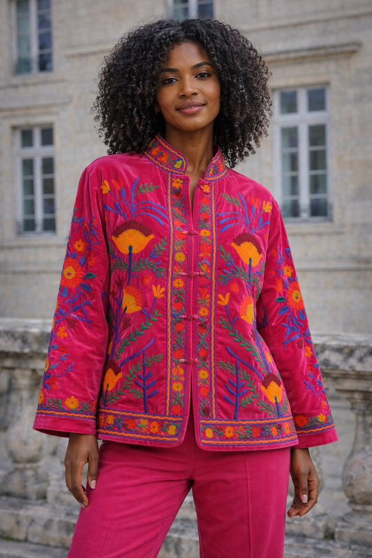 Embroidered Velvet Sherpa Jacket - Aimee