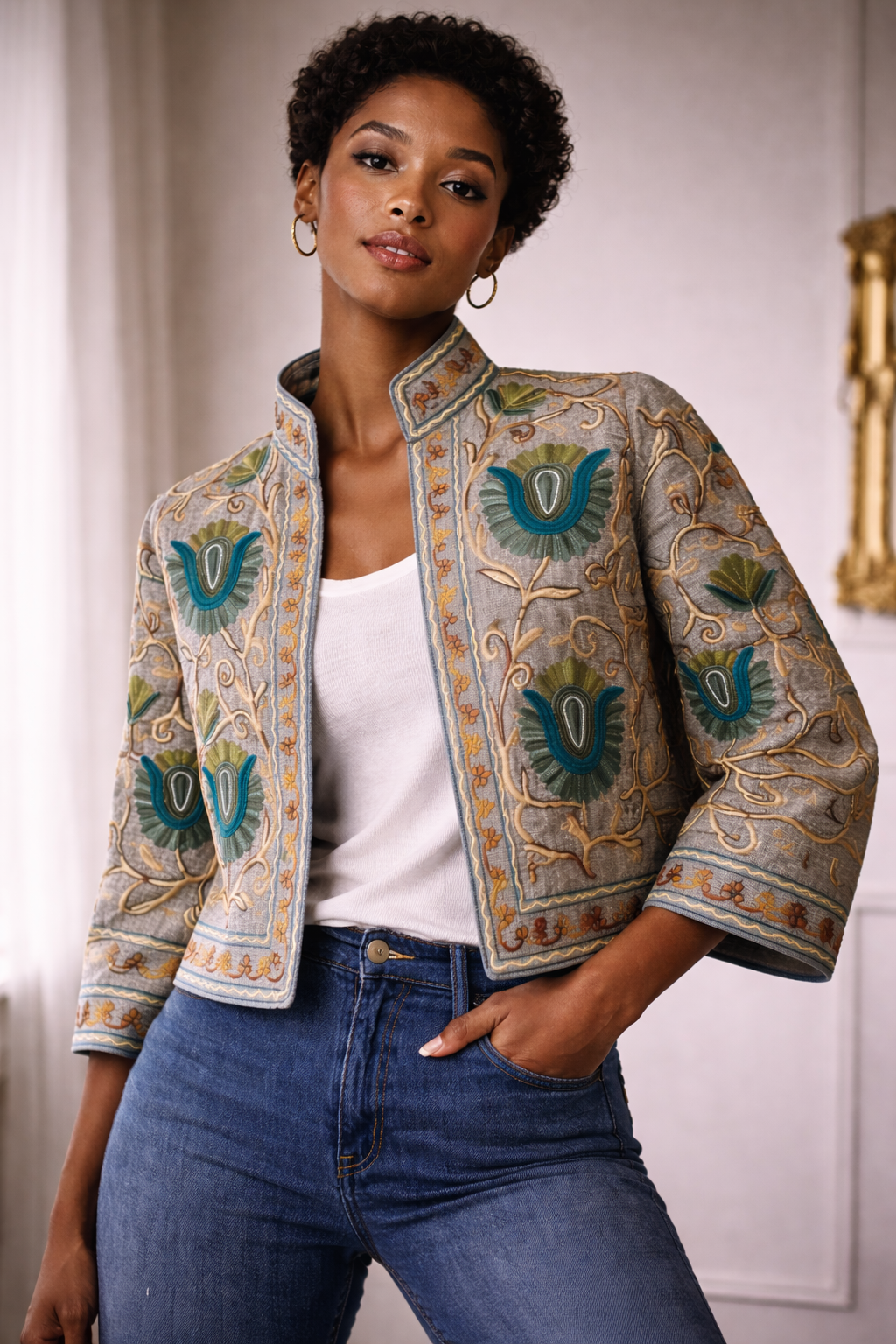 Embroidered Cotton Linen Jacket - Becca