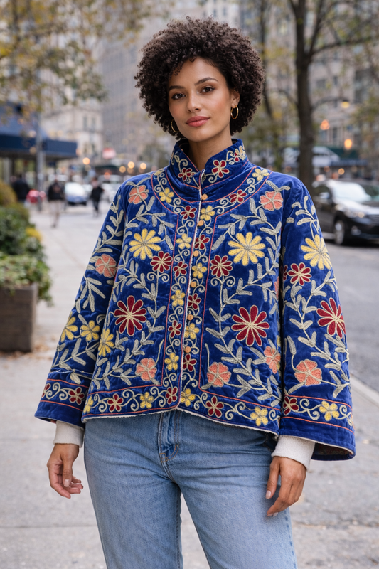 Embroidered Velvet Sherpa Jacket — Brigitte